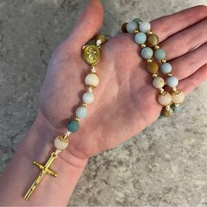 Handmade Catholic Rosary | Gold, Amazonite, White Jade| Gemstone Cord Rosary